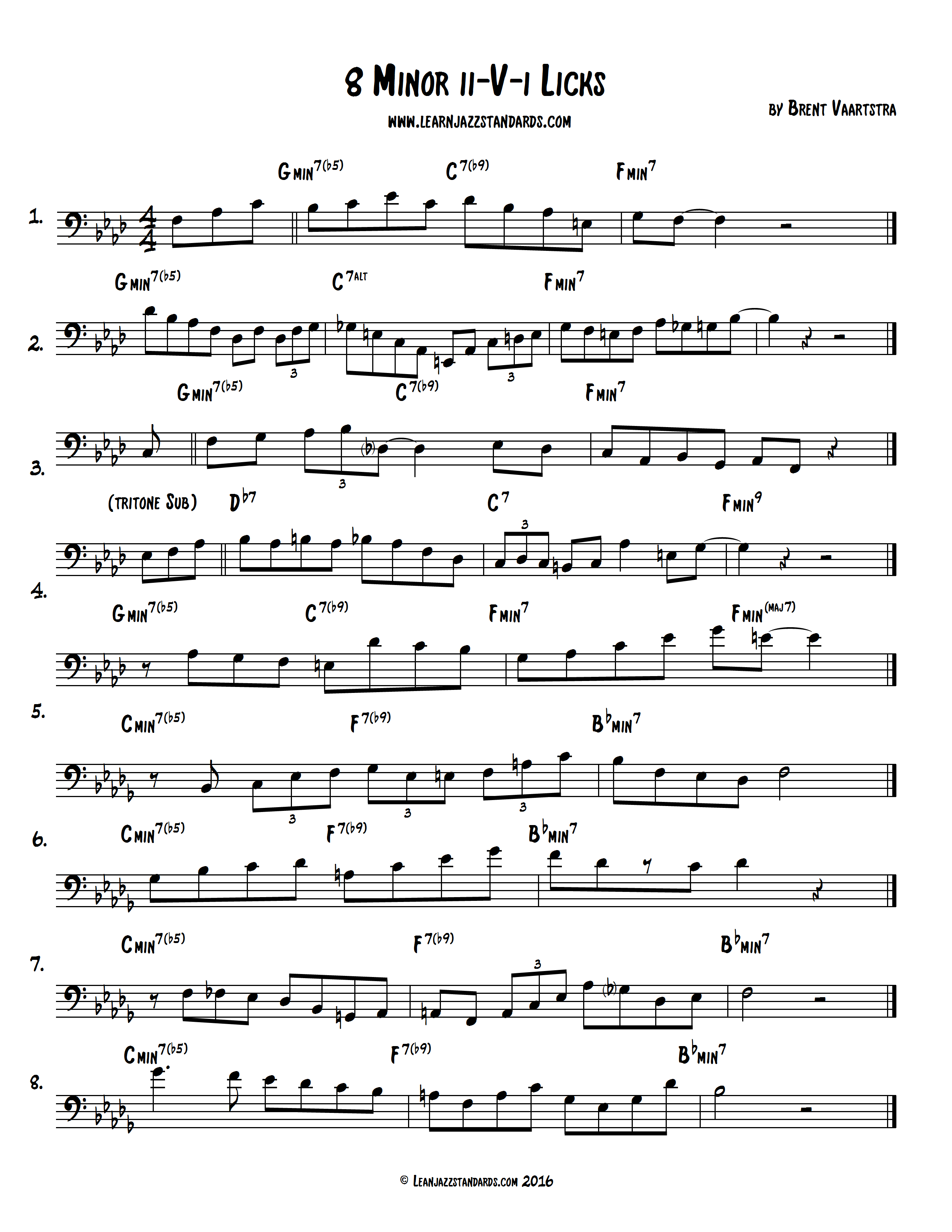 8 Minor ii-V-i Licks (Bass Clef)