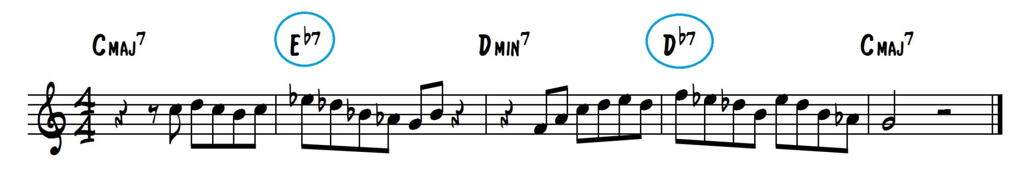 Ex 46: Tritone Substitution in a I-vi-ii-V chord progression in the key of C major