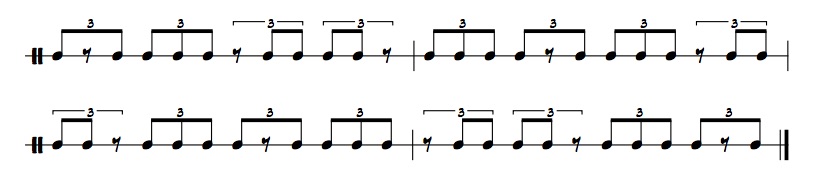 rhythmic example of 5 note group eighth note triplets with rests on the second beat