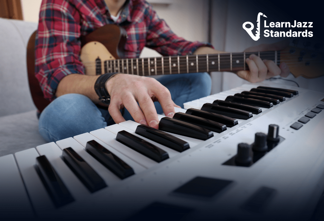 Man playing Mixolydian scale on piano and guitar